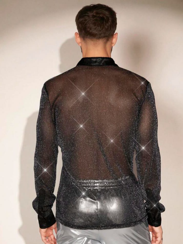 Bonga Boys Men's Glitter Sheer Mesh Long Sleeve Shirt